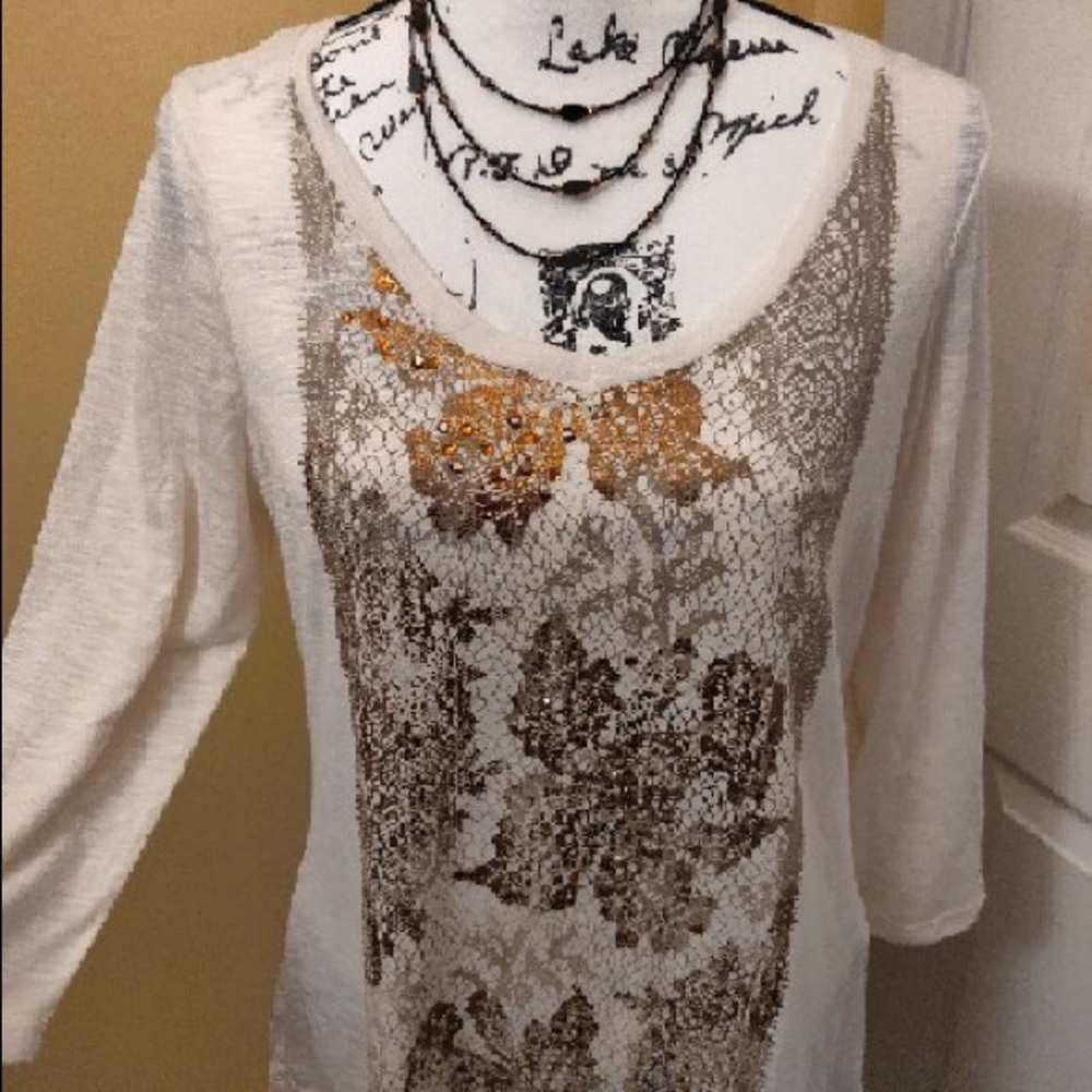π2/$10ππβOR π«5/$25π«βΌοΈ Madison bronze gold Cream bronze rhinestone lace top - Picture 3 of 7